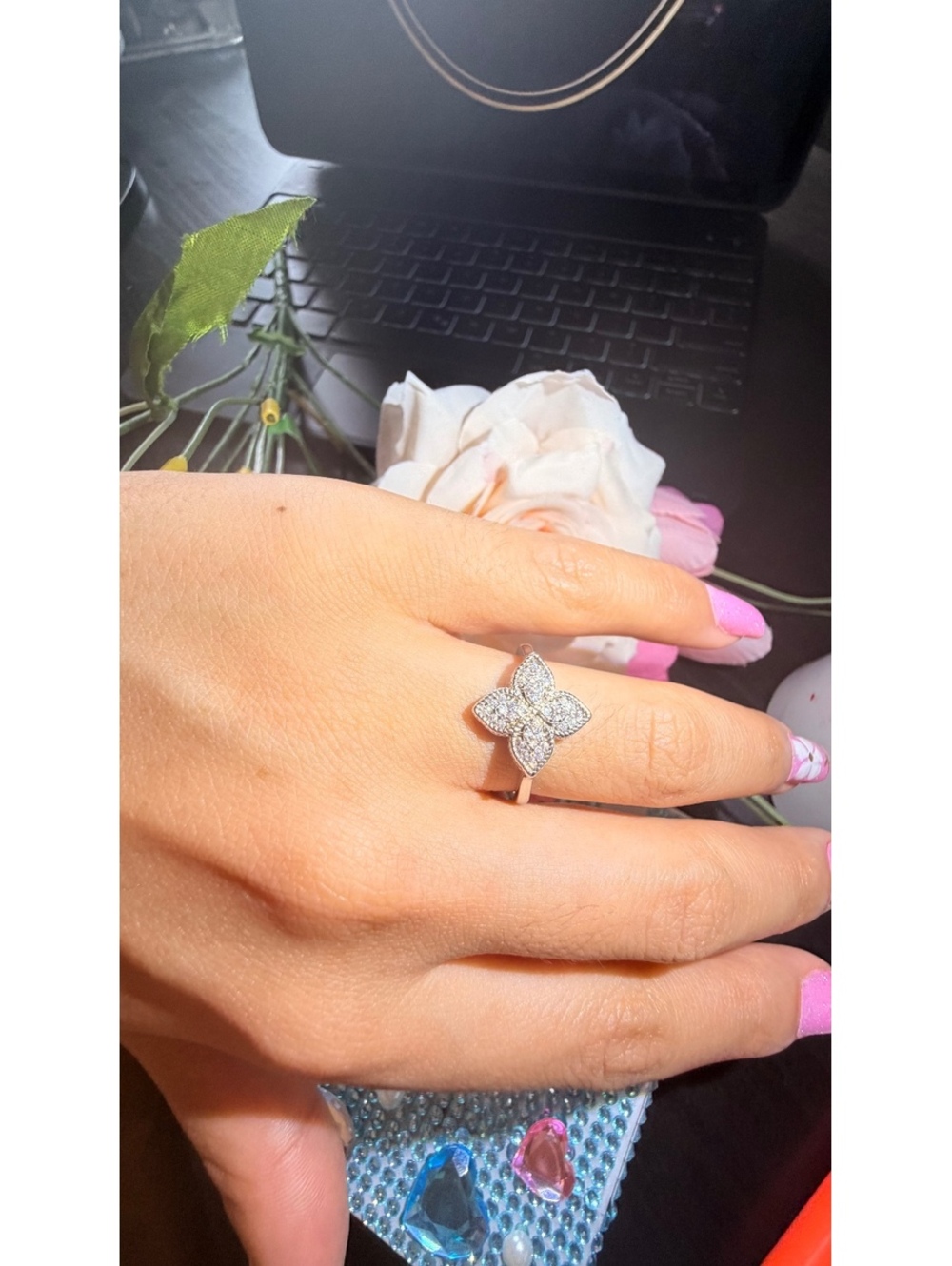 Elegant Silver 925 solid Butterfly Ring with Sparkling Stones size 7-8
